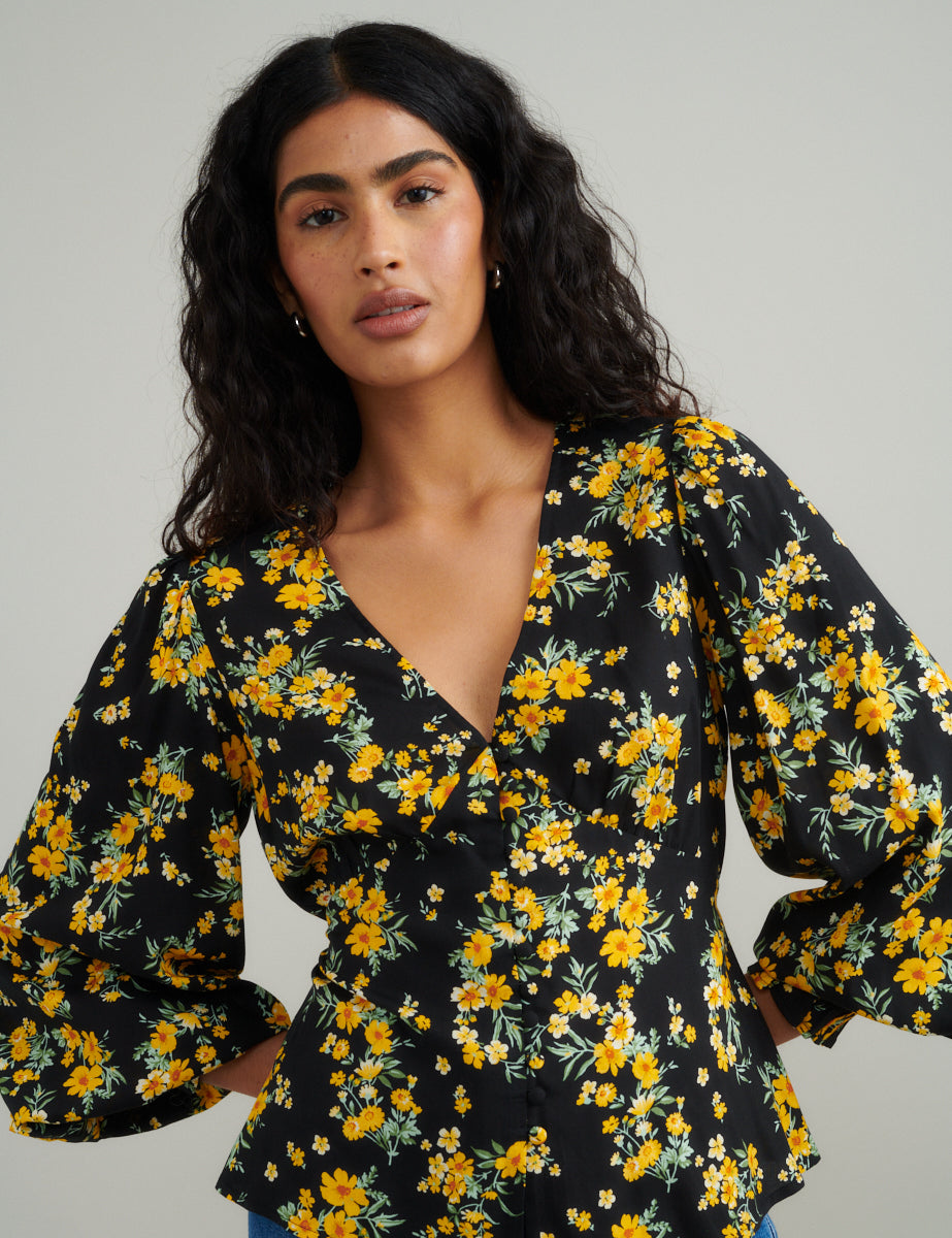 Black Floral V-Neck Blouse