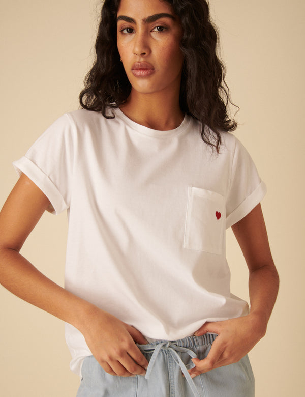 White Embroidered Heart T-Shirt