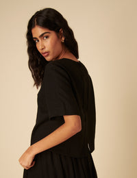 Black Linen-blend Short Sleeve Top