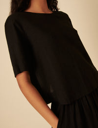 Black Linen-blend Short Sleeve Top