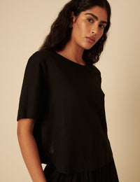 Black Linen-blend Short Sleeve Top