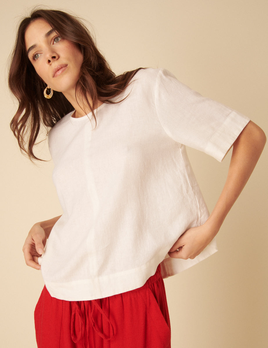 White Linen-Blend Short Sleeve Top