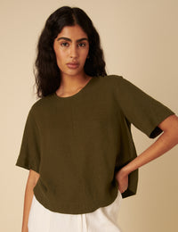 Green Linen-blend Short Sleeve Top