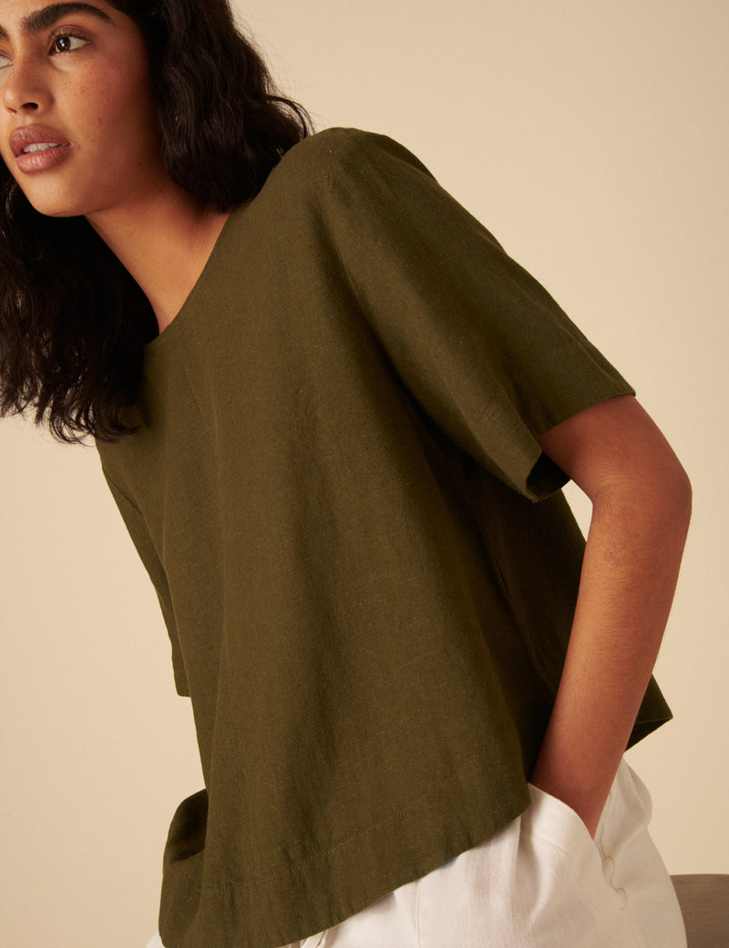 Green Linen-Blend Short Sleeve Top