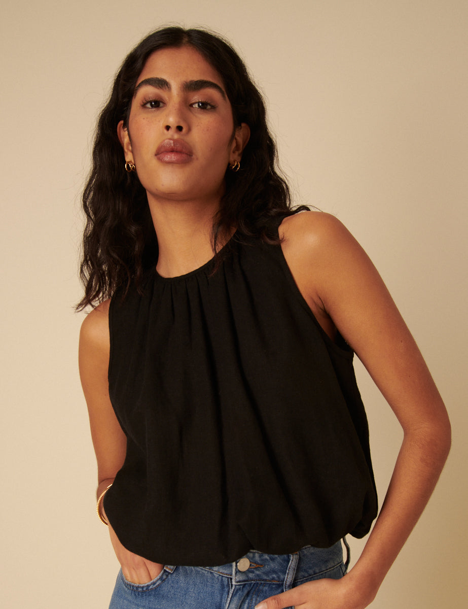 Black Linen-Blend Sleeveless Bubble Hem Pleated Top