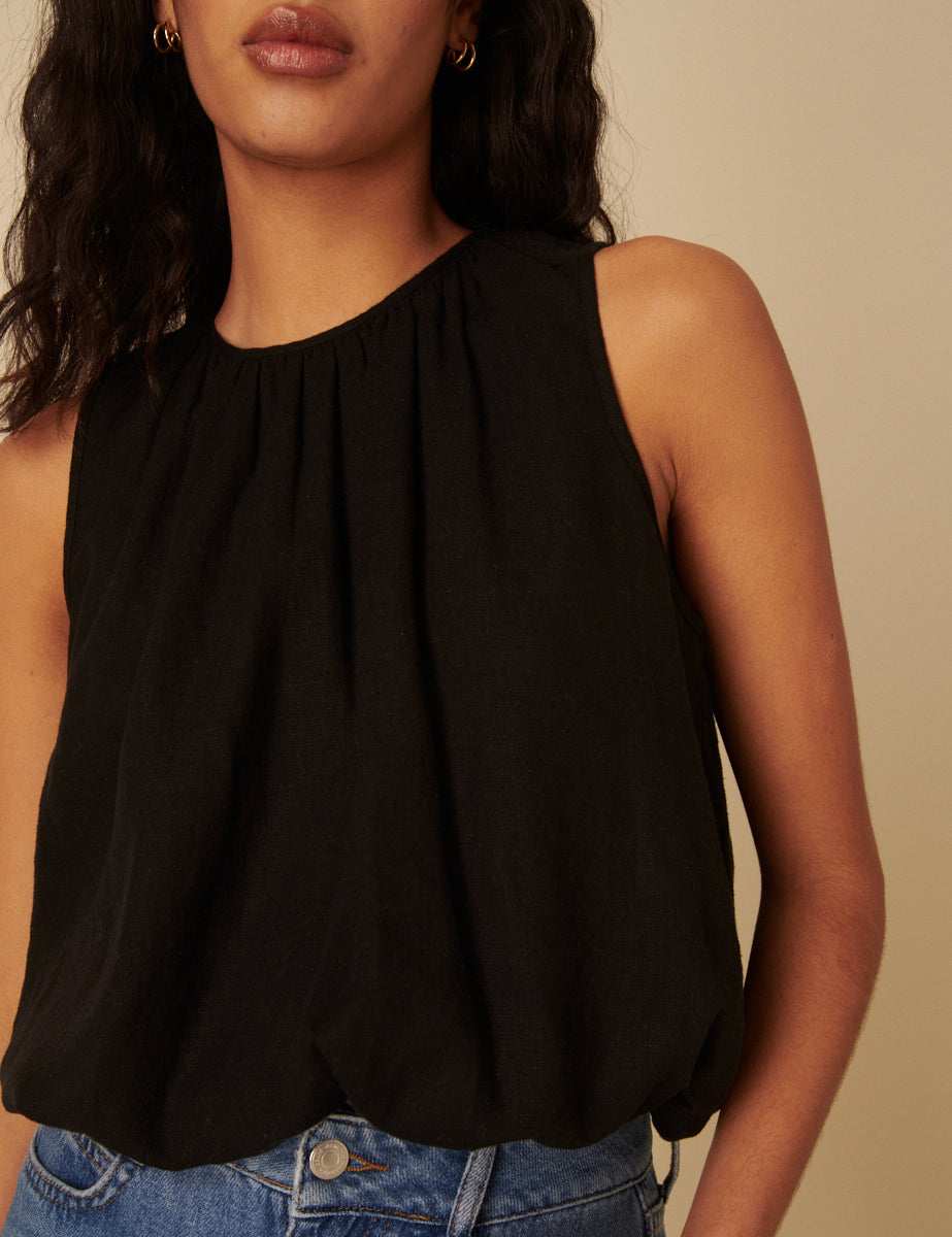 Black Linen-Blend Sleeveless Bubble Hem Pleated Top