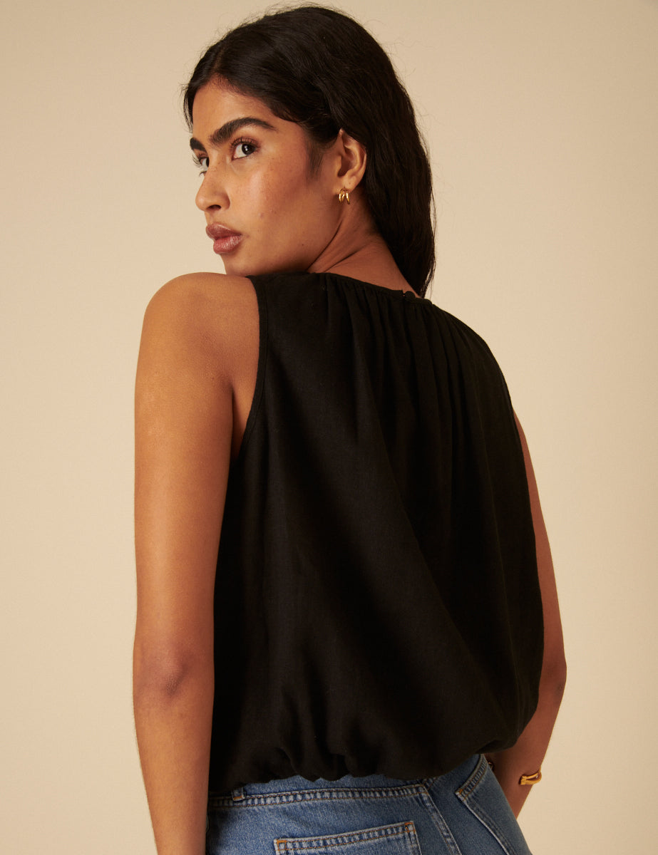 Black Linen-Blend Sleeveless Bubble Hem Pleated Top