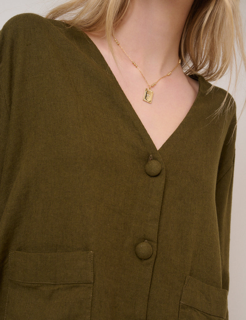 Green Linen-Blend Short Sleeve Shirt