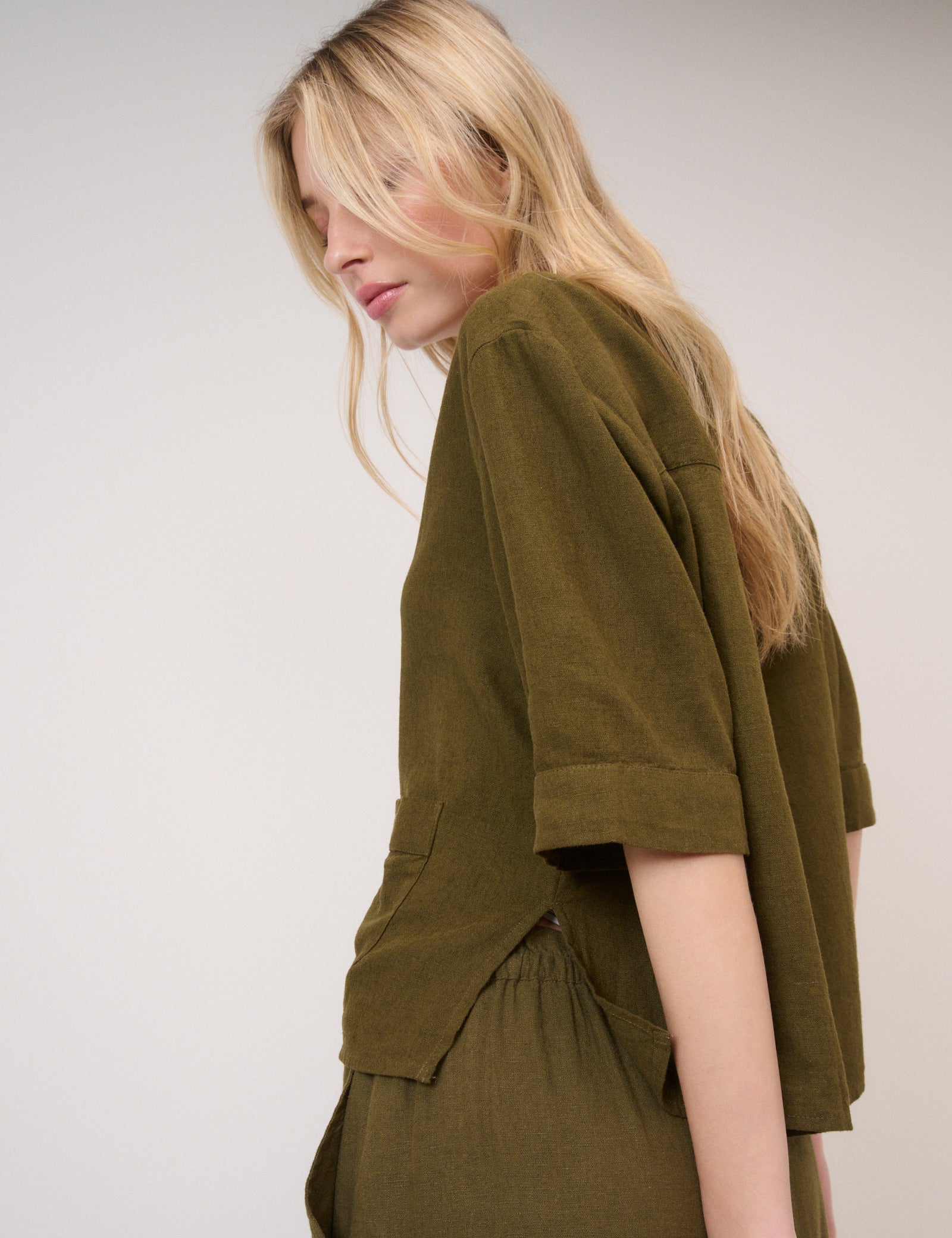 Green Linen-blend V-Neck Shirt