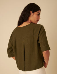 Green Linen-blend V-Neck Shirt