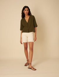 Green Linen-blend V-Neck Shirt