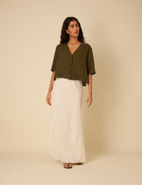 Green Linen-blend V-Neck Shirt