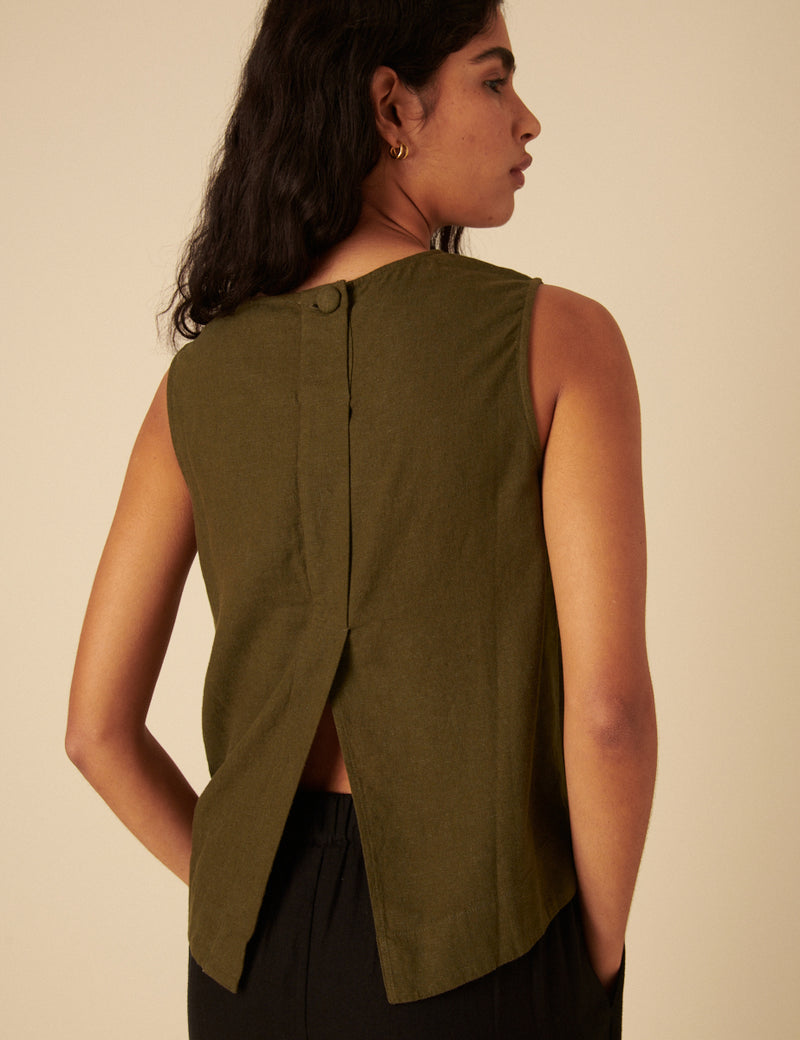 Green Linen-Blend Swing Top