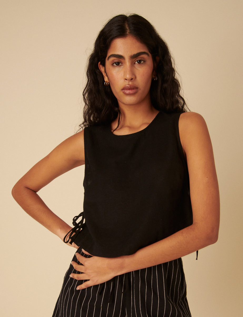 Black Linen-Blend Side Tie Sleeveless Top