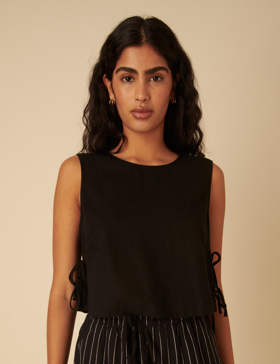 Black Linen-Blend Side Tie Sleeveless Top