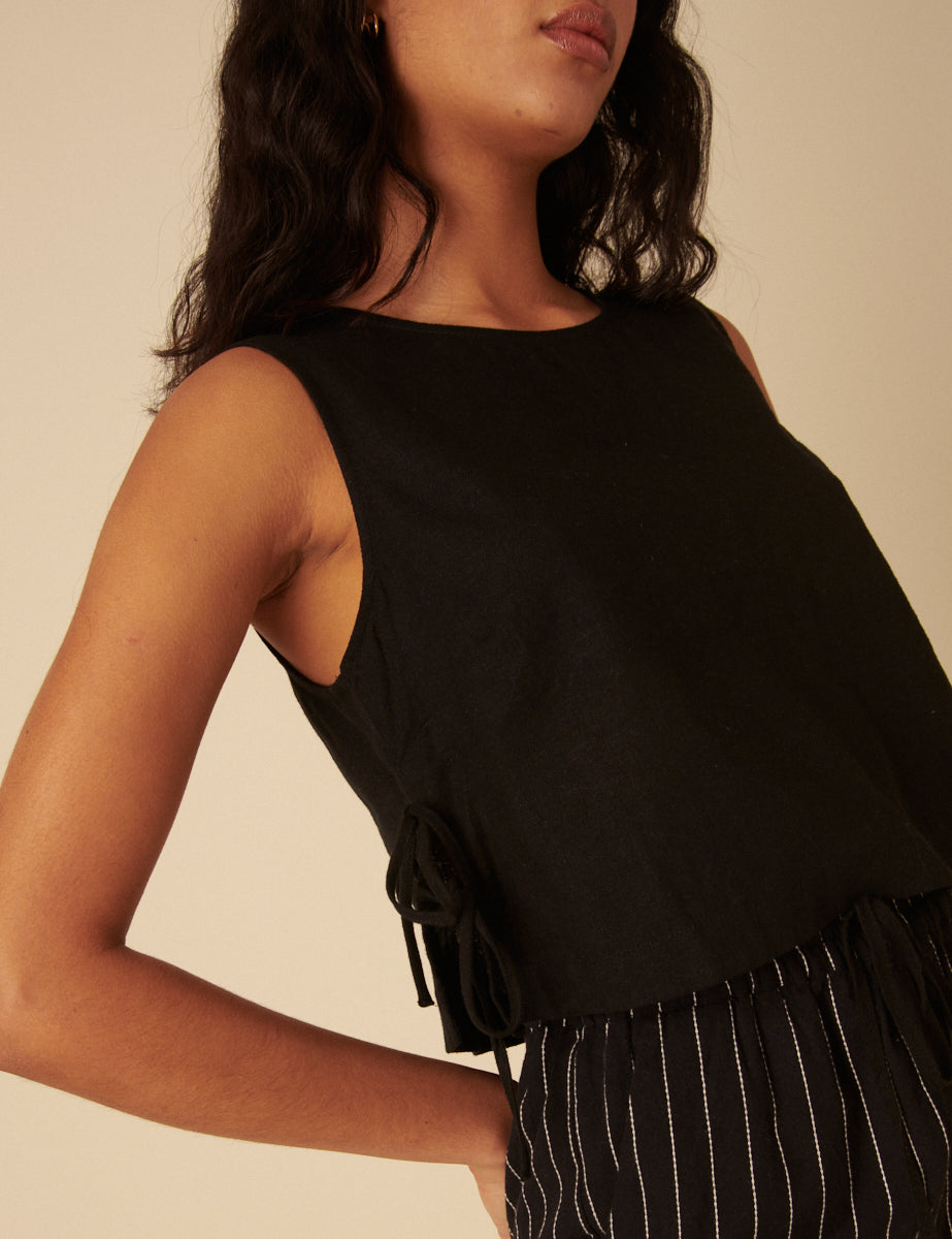 Black Linen-Blend Side Tie Sleeveless Top