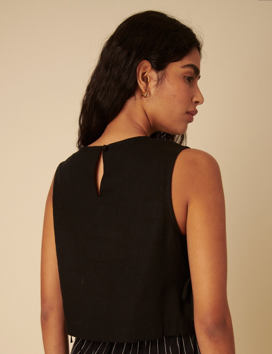 Black Linen-Blend Side Tie Sleeveless Top