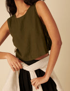 Khaki Green Linen-Blend Side Tie Sleeveless Top