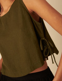 Khaki Green Linen-blend Side Tie Sleeveless Top