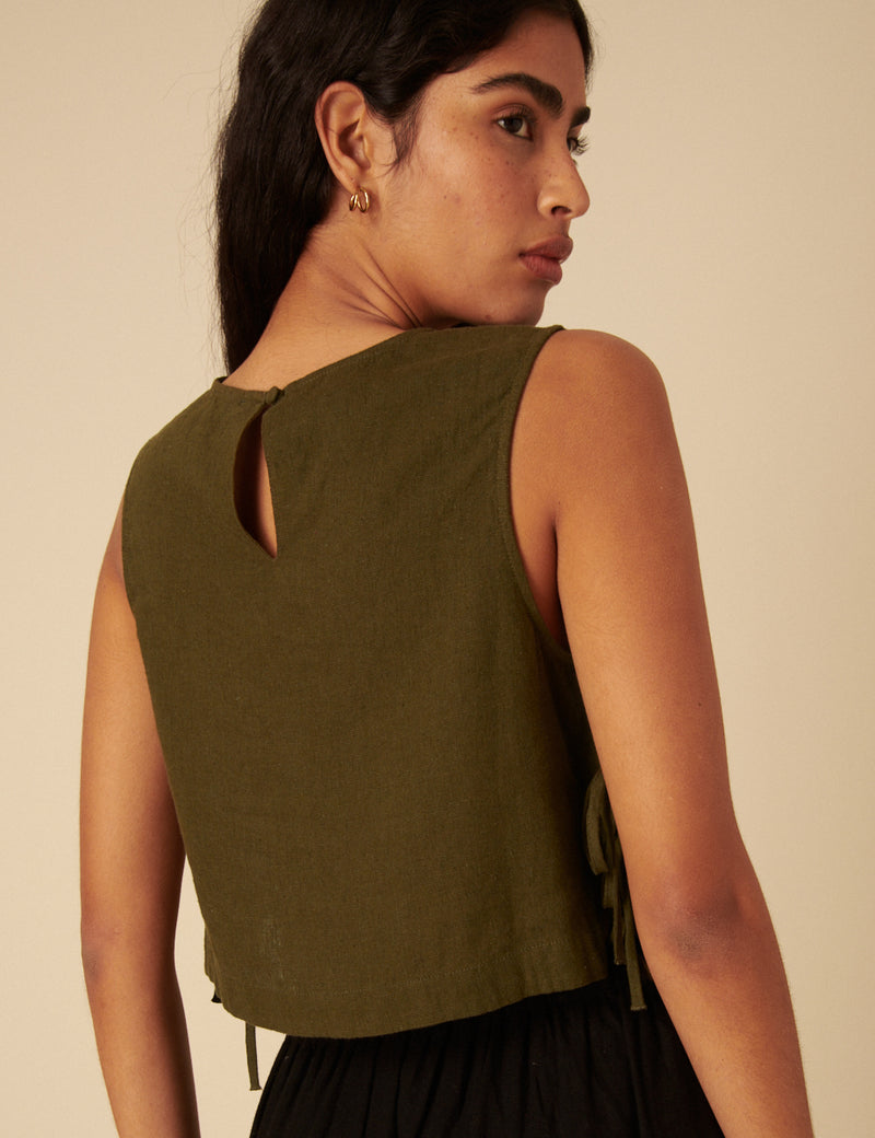 Khaki Green Linen-Blend Side Tie Sleeveless Top