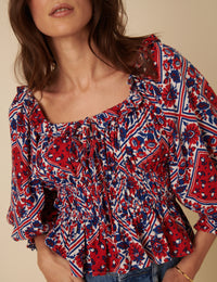 Red And Blue Linen-blend Tile Print Blouse