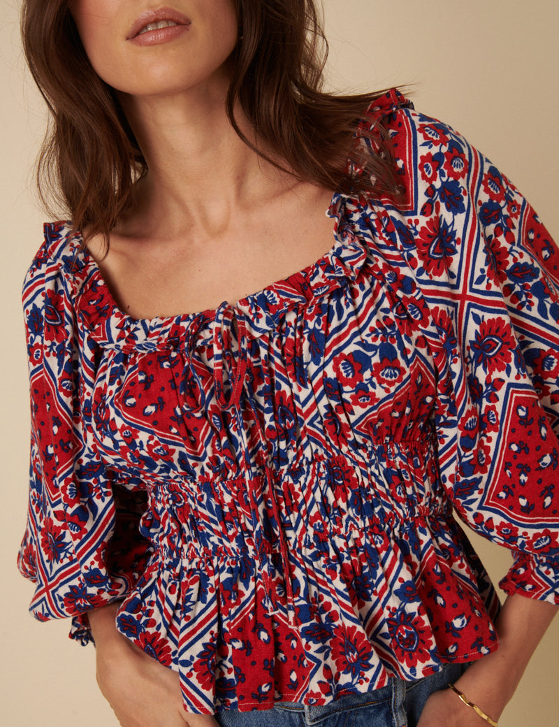 Red And Blue Linen-Blend Tile Print Blouse