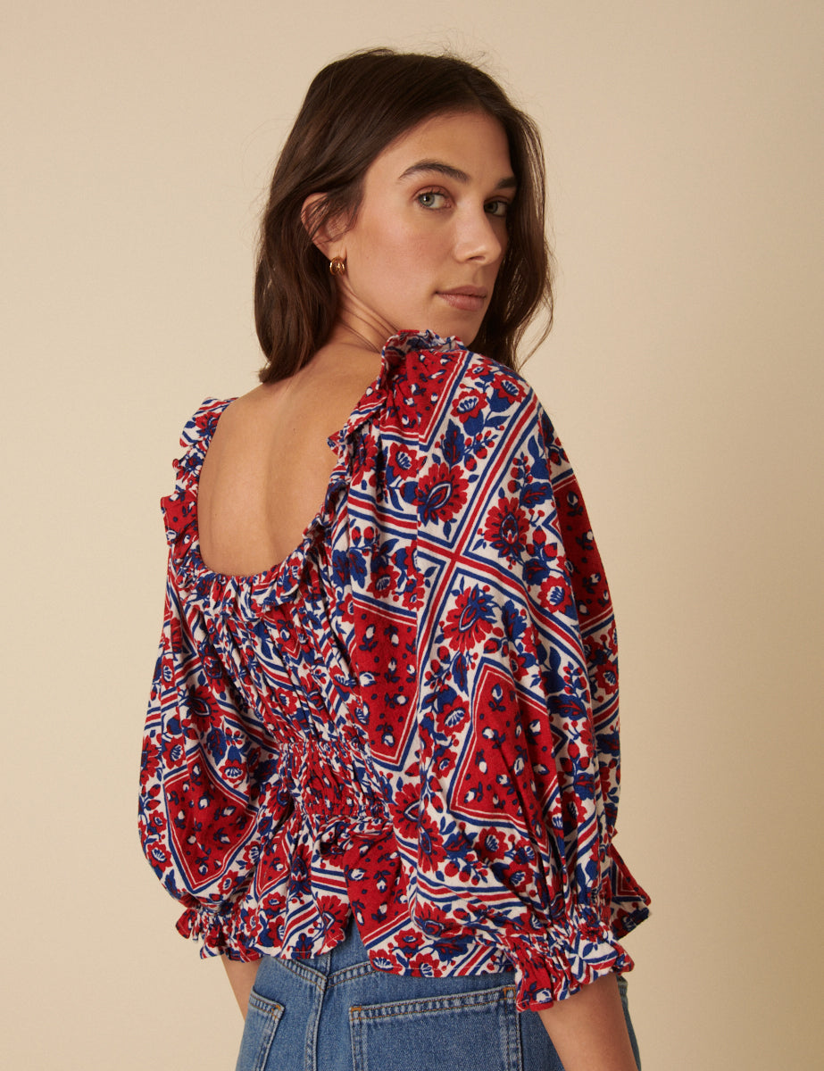 Red And Blue Linen-Blend Tile Print Blouse