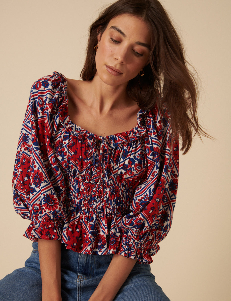 Red And Blue Linen-Blend Tile Print Blouse