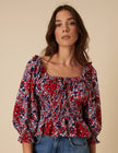 Red And Blue Linen-Blend Tile Print Blouse