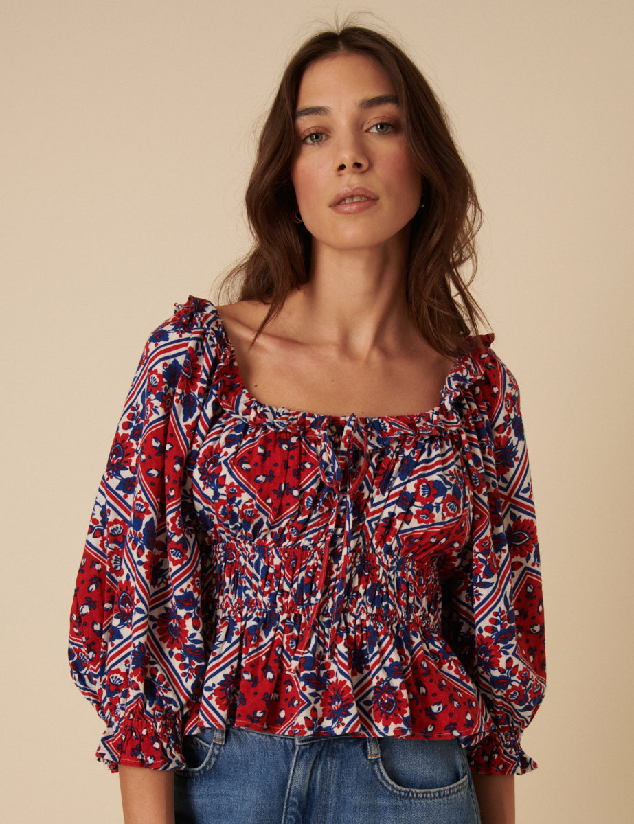 Red And Blue Linen-Blend Tile Print Blouse