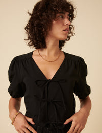 Black Tie-Front Bernadetta Blouse