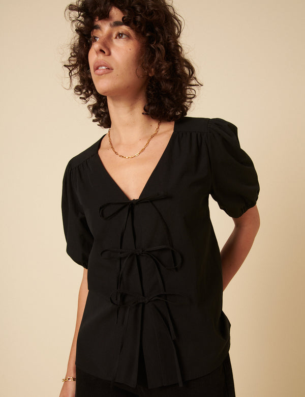 Black Tie-Front Bernadetta Blouse