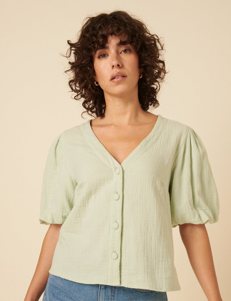 Lime Green Puff Sleeve Blouse