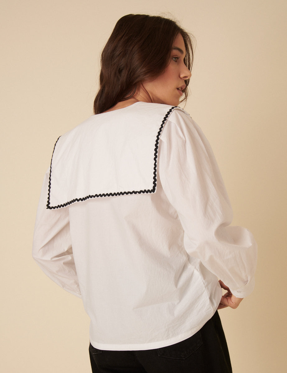 White Embroidered Sailor Collar Blouse