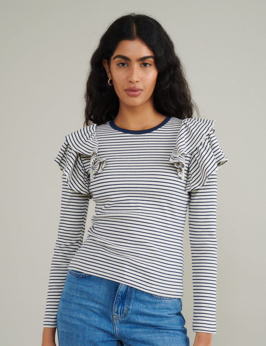 Blue And White Striped Frill Shoulder Top
