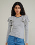 Blue And White Striped Frill Shoulder Top