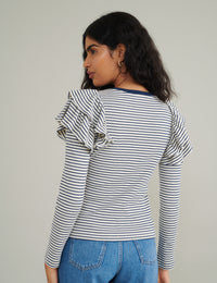 Blue And White Stripe Frill Shoulder Top