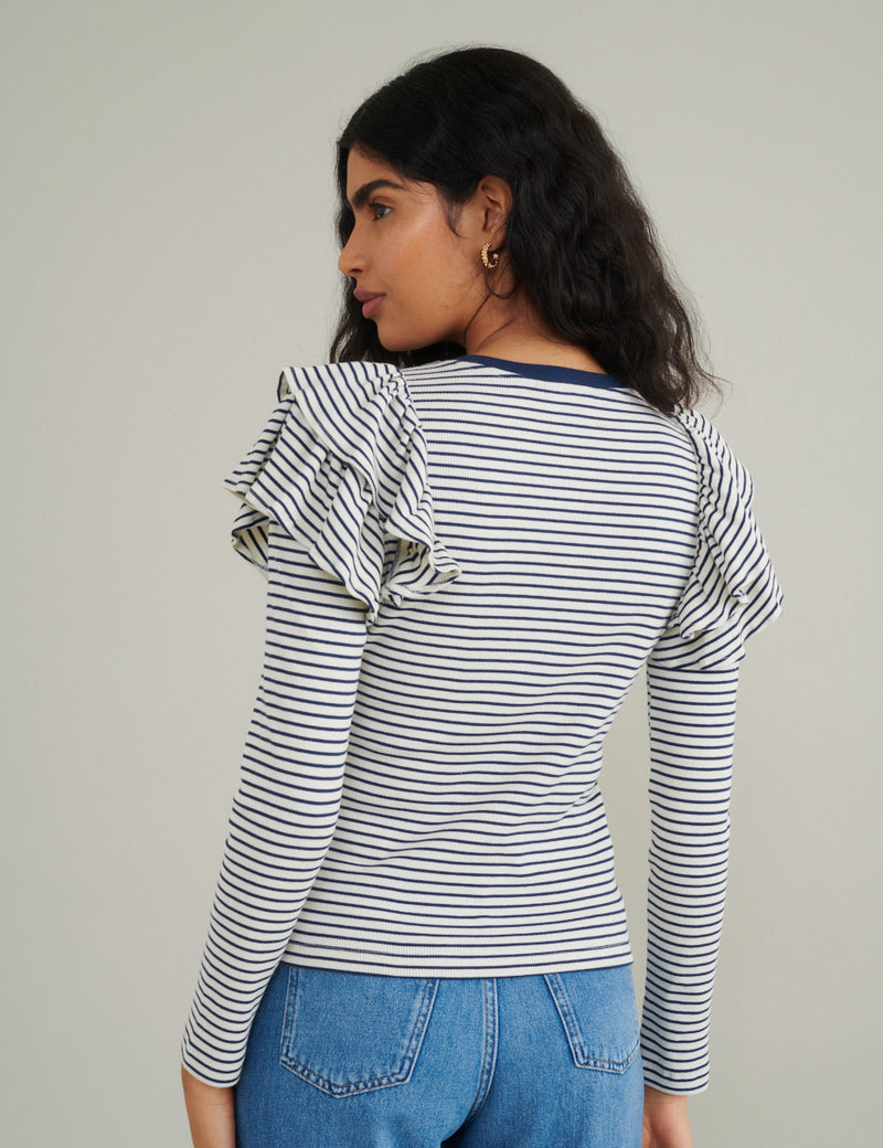 Blue And White Striped Frill Shoulder Top