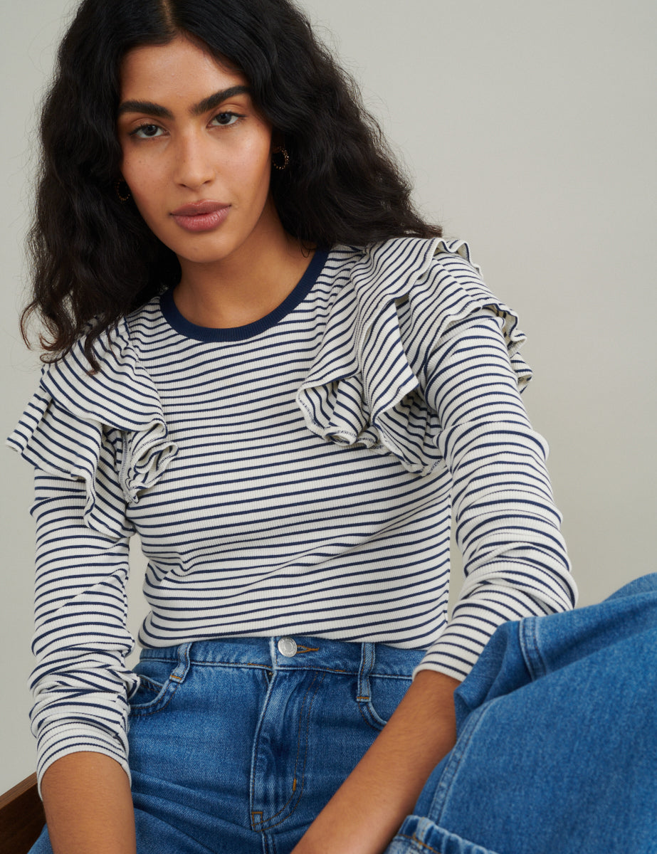 Blue And White Striped Frill Shoulder Top