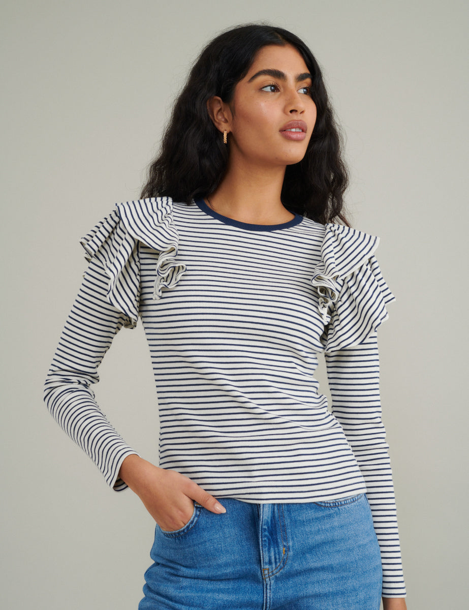 Blue And White Striped Frill Shoulder Top