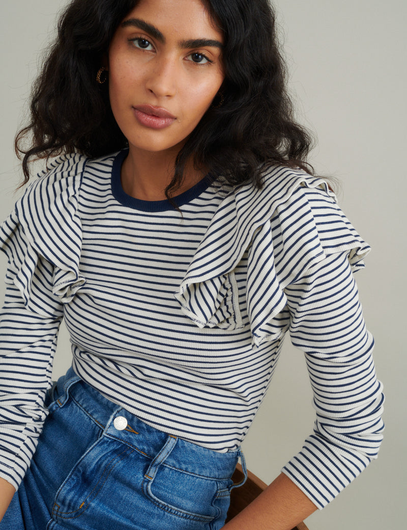 Blue And White Striped Frill Shoulder Top
