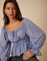 Blue Balloon Sleeve Square Neck Blouse
