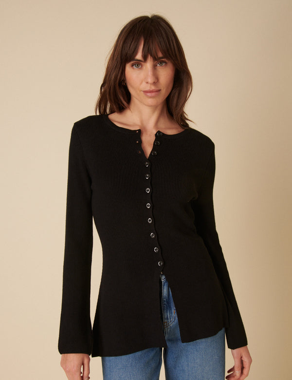 Black Ribbed Longline Cardigan