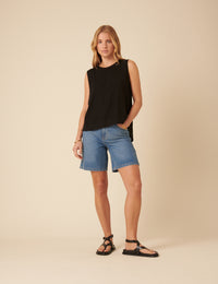 Black Linen-blend Swing Top
