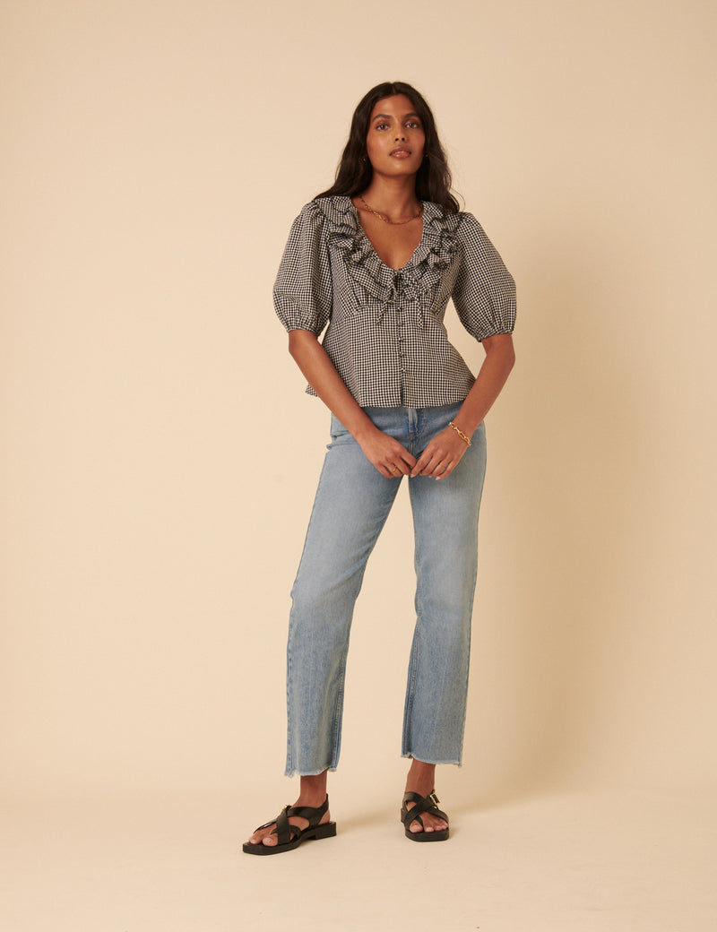 Black Gingham Frill Top