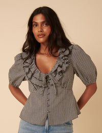 Black Gingham Frill Top