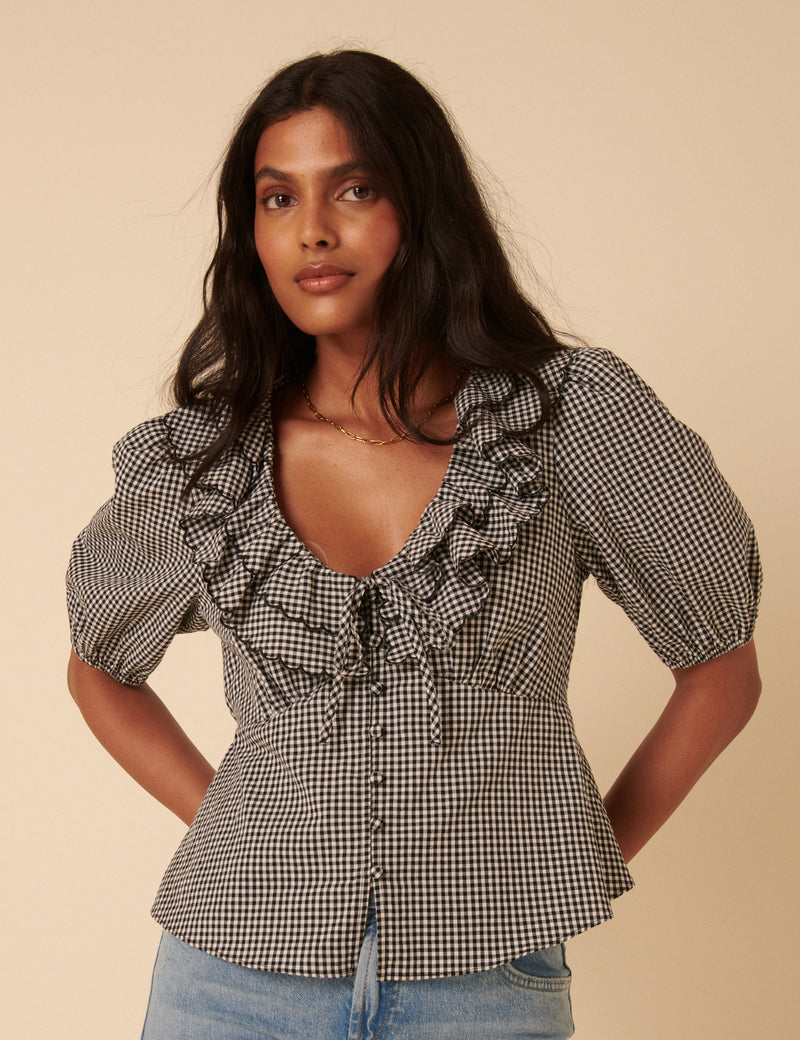Black Gingham Frill Top