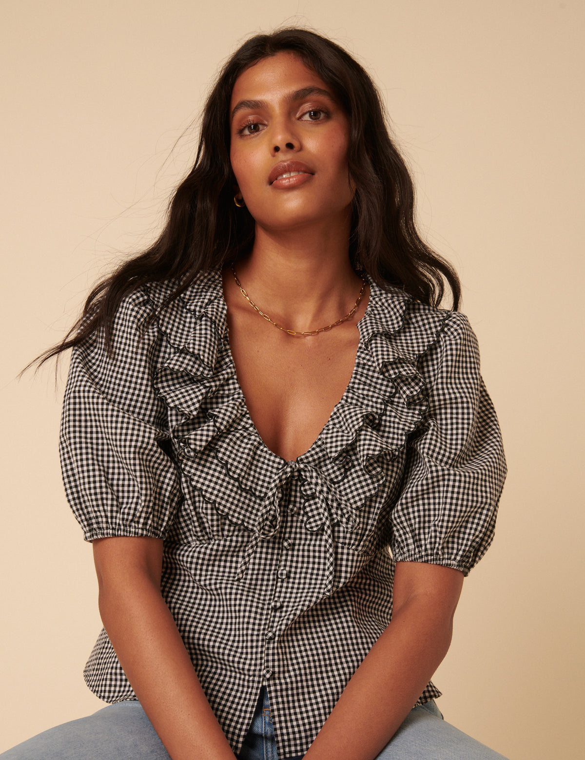 Black Gingham Frill Top