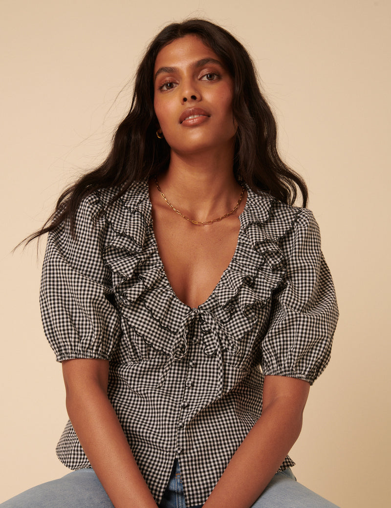 Black Gingham Frill Top