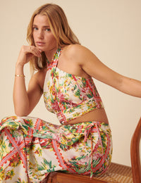 White Printed Halterneck Crop Top